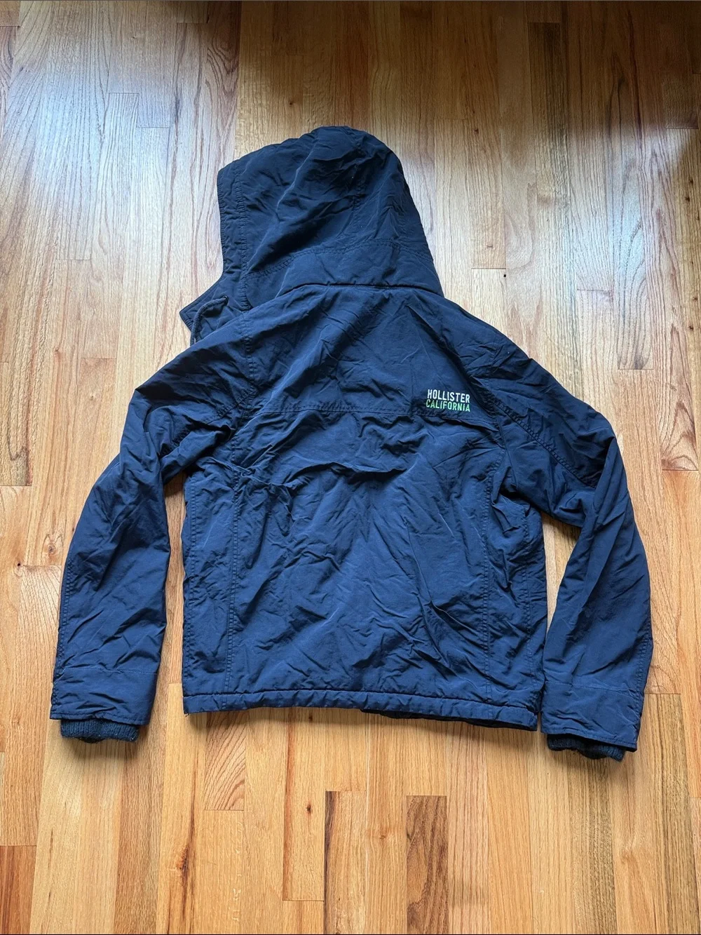 Hollister Kids Navy Hooded Rain Jacket with Bright Green Lining